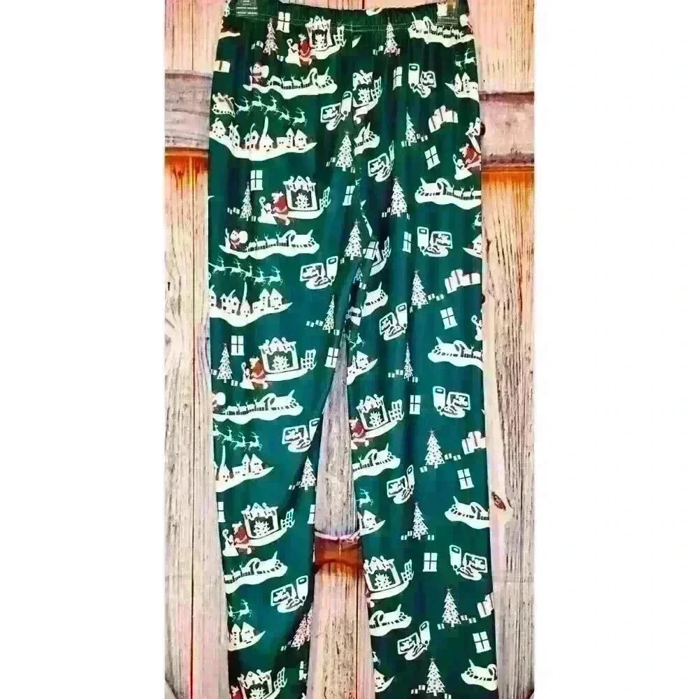 UNISEX Holiday GREEN with SANTA Lounging PJ Pants LIGHTWEIGHT Stretch size Lg